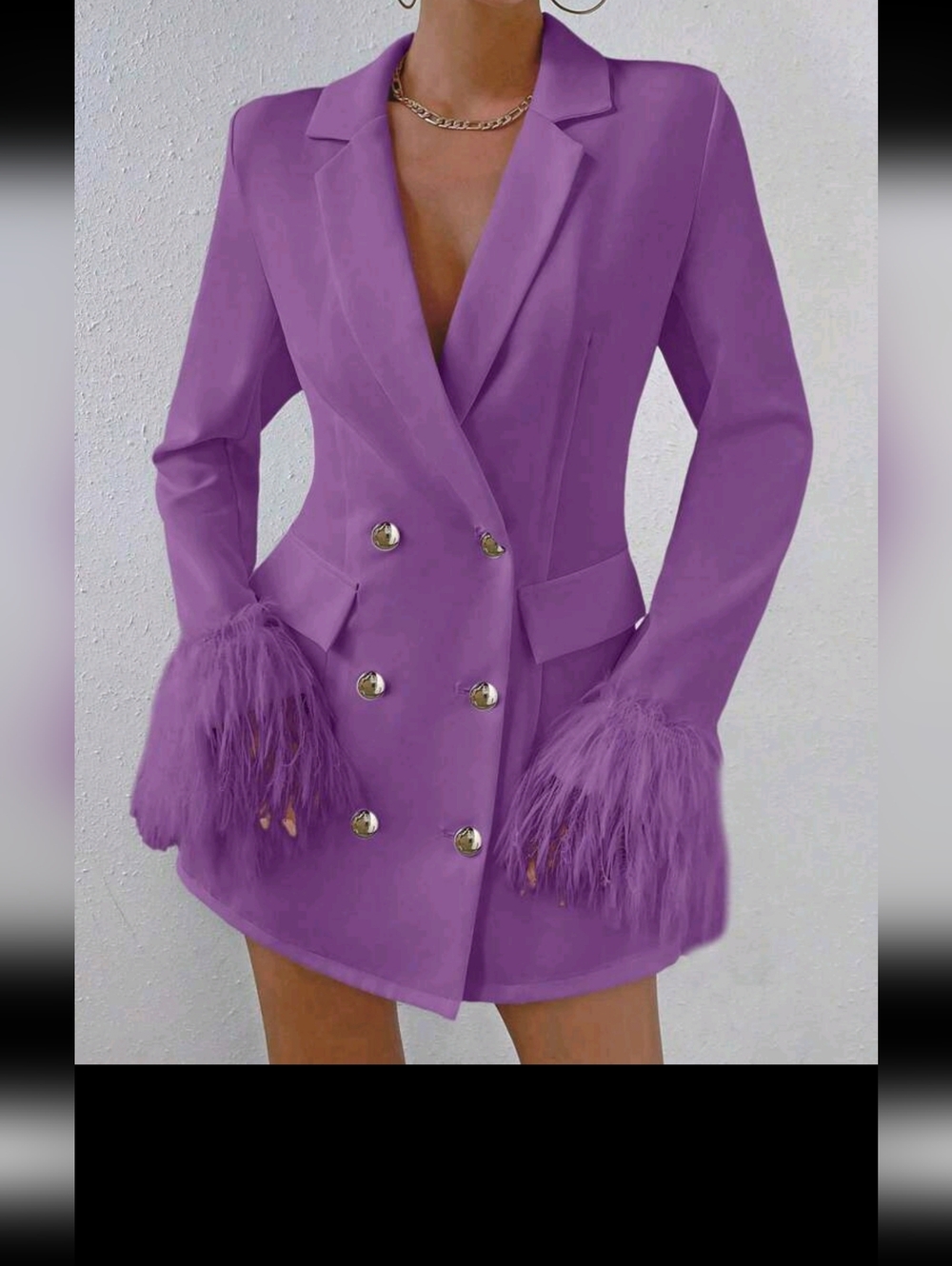 Lavender Feather Cuff Double-Breasted Blazer Dress